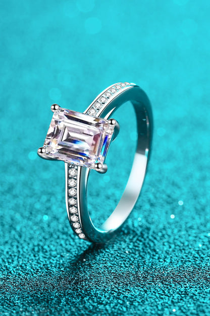 Rhodium Over Pure Sterling Silver Side Stone Emerald-Cut Moissanite Ring
