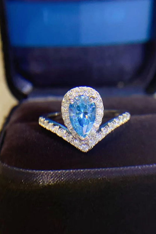 1 Carat Pear Shape Blue Moissanite Heart Ring (Platinum Over Pure Sterling Silver) - Sparkala