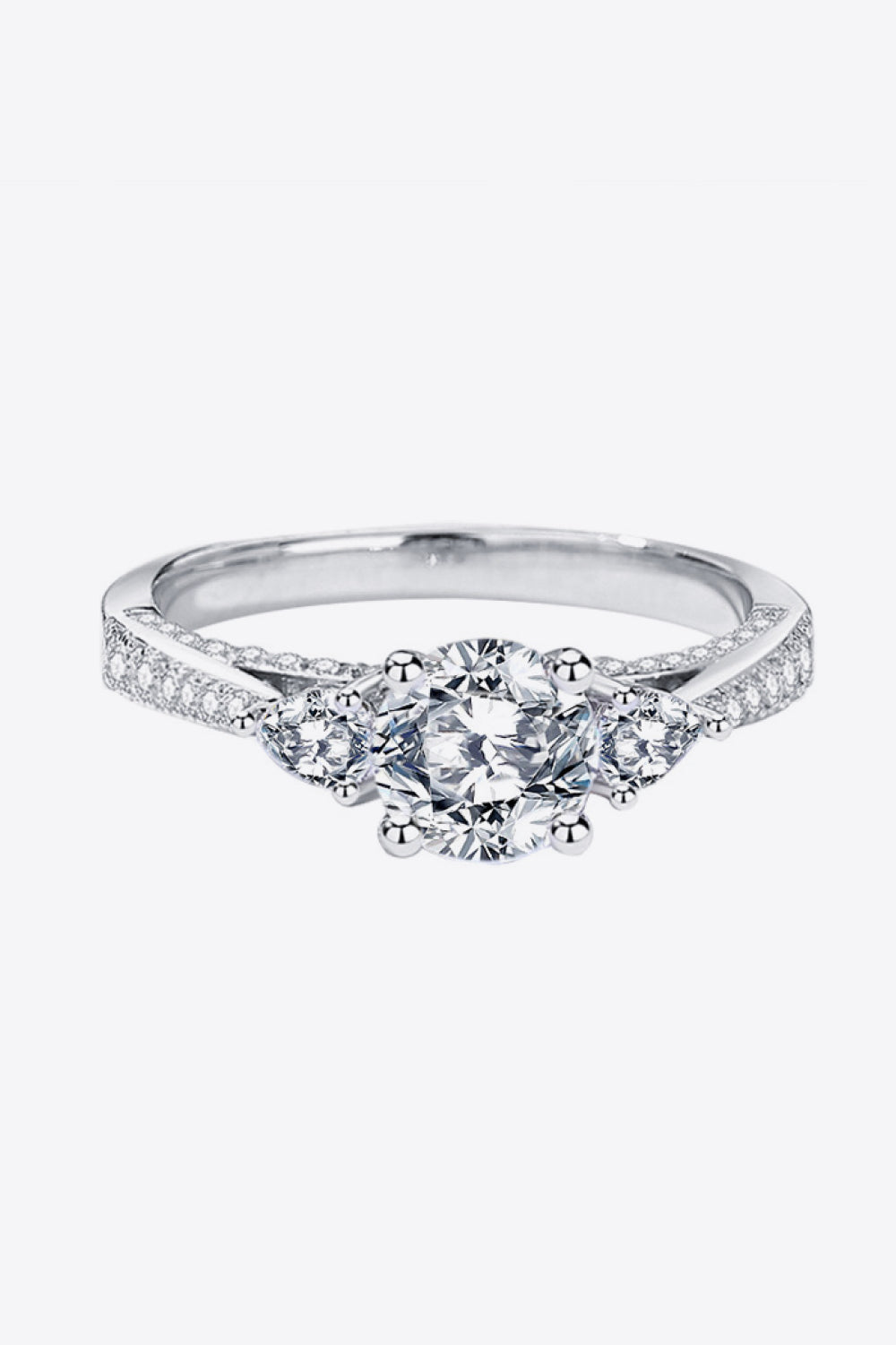 1 Carat Moissanite 4-Prong Side Stone Ring (Platinum Over Pure Sterling Silver) - Sparkala