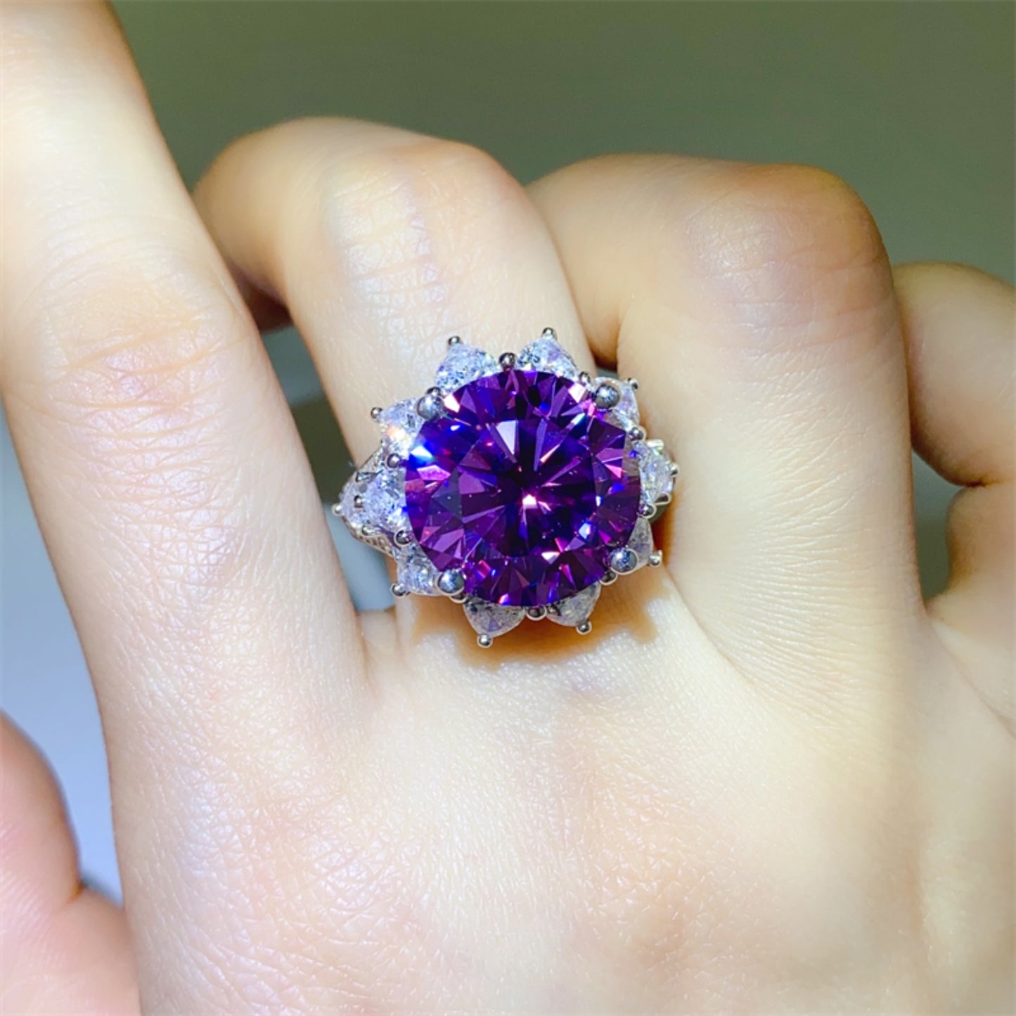 10 Carat Purple Moissanite Pure Sterling Silver Flower Shape Ring - Sparkala