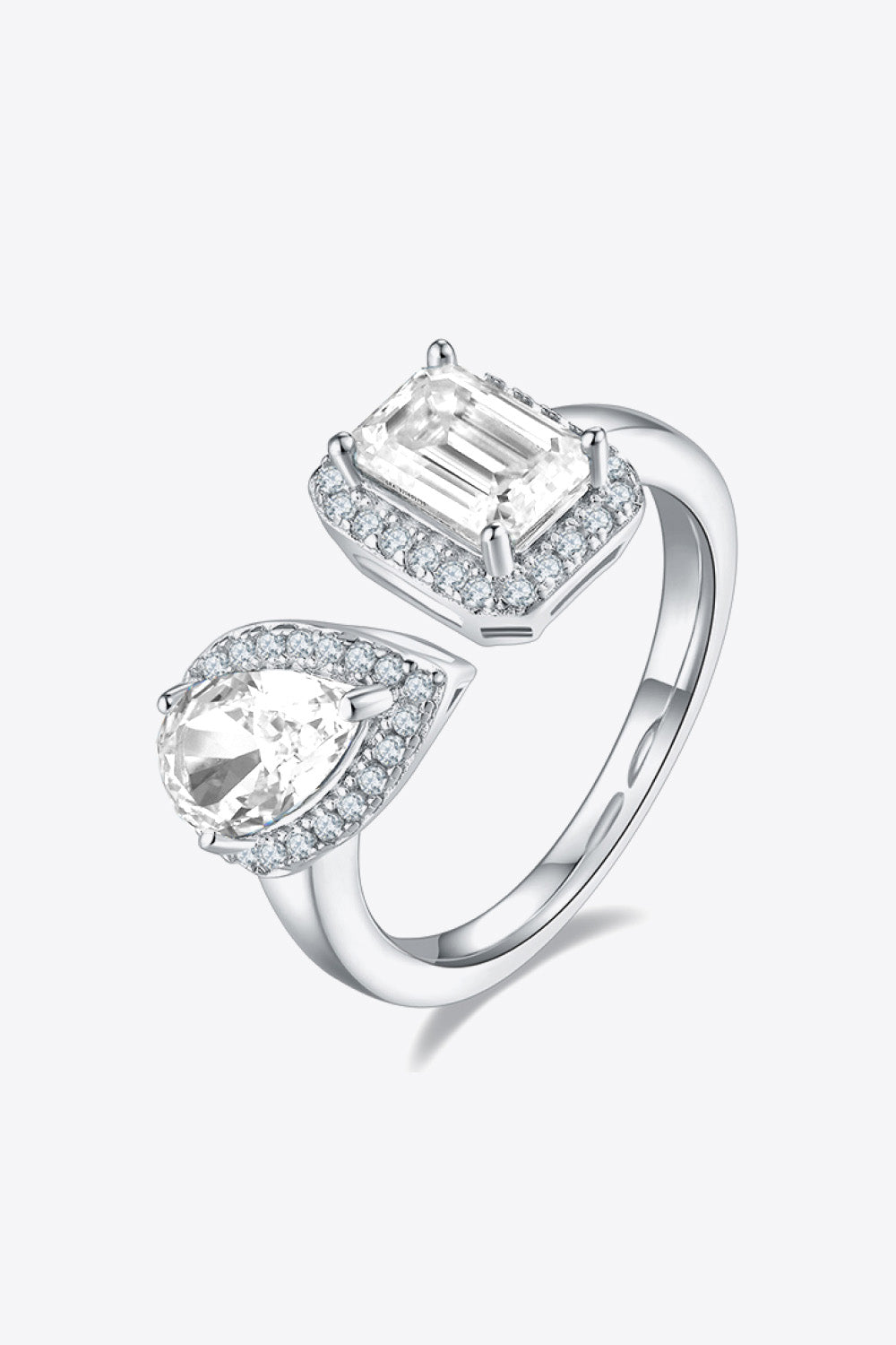1 Carat Pear-Cut Emerald-Cut Moissanite Platinum Over Pure Sterling Silver Open Ring - Sparkala