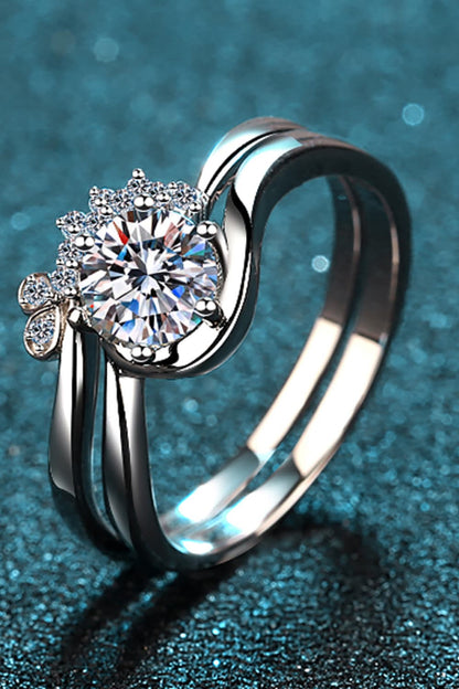 Brilliant Round Cut Moissanite Rhodium-Plated Two-Piece Ring Set