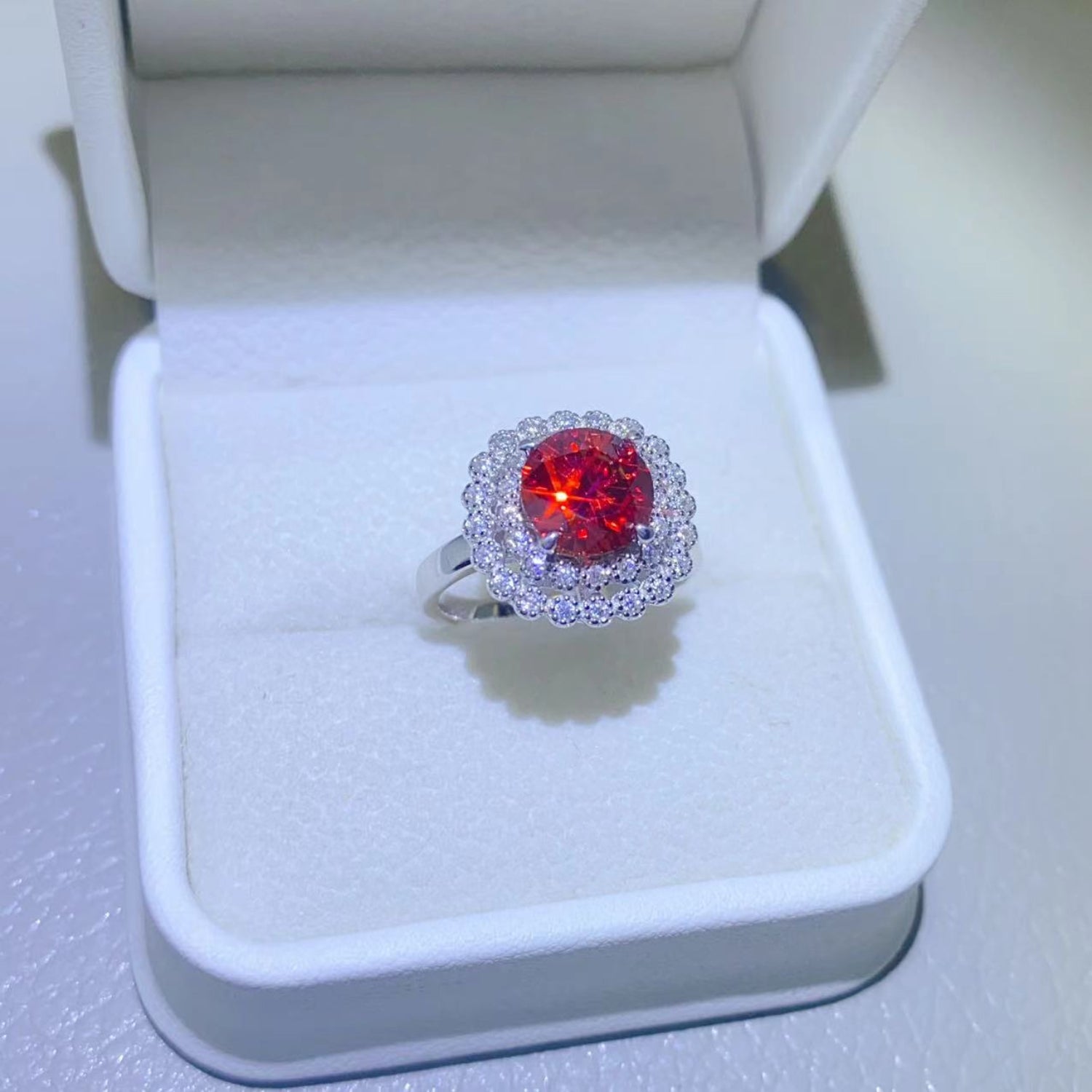 2 Carat Red Red Round Brilliant Cut Moissanite Pure Sterling Silver Halo Ring - Sparkala