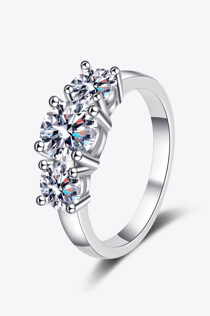 Stylish Rhodium Over Pure Sterling Silver 3 Stone Sparkala™ Moissanite Ring