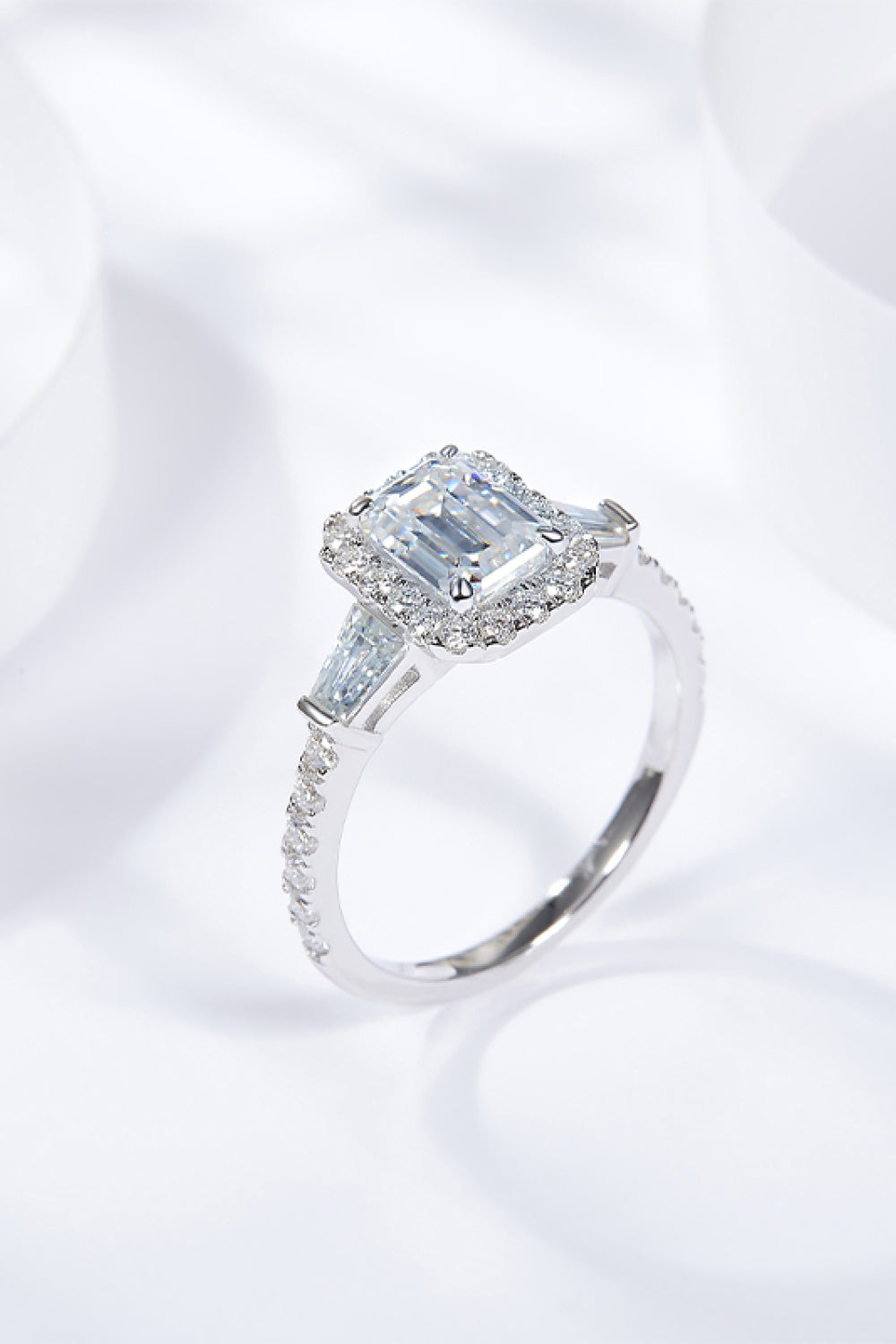 1 Carat Emerald-Cut Moissanite Geometric Platinum Over Pure Sterling Silver Ring - Sparkala