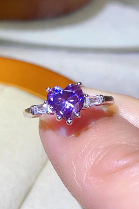 1 Carat Purple Moissanite Heart-Shaped Platinum-Plated Ring in Purple - Sparkala
