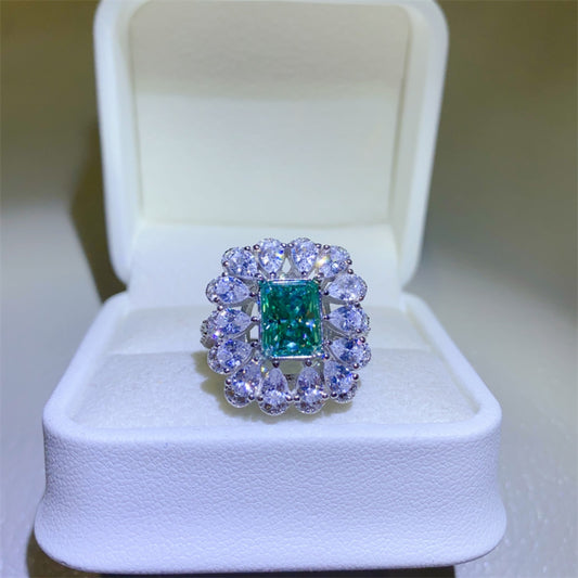 3 Carat Green Emerald-Cut Moissanite Pure Sterling Silver Ring - Sparkala