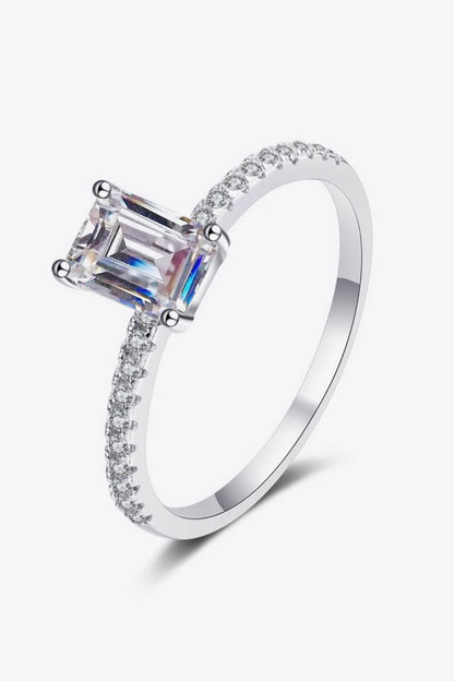 Rhodium Over Pure Sterling Silver Ring with Emerald-Cut Moissanite