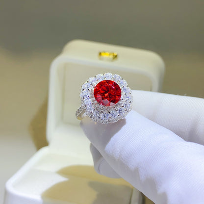 2 Carat Red Round Brilliant Cut Moissanite Pure Sterling Silver Ring - Sparkala