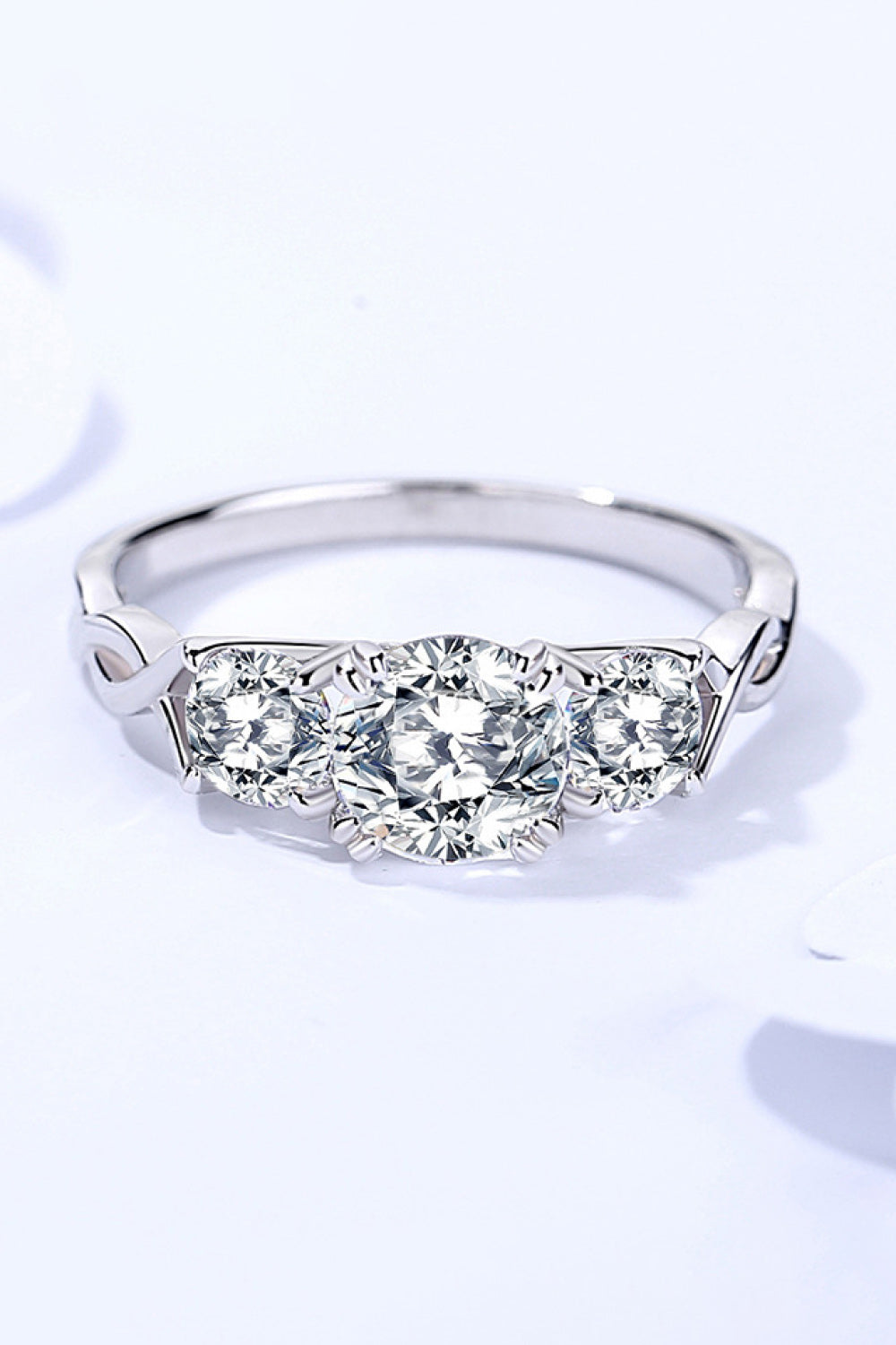 1 Carat 3 Stone Round Brilliant Cut Moissanite Platinum Over Pure Sterling Silver Ring - Sparkala