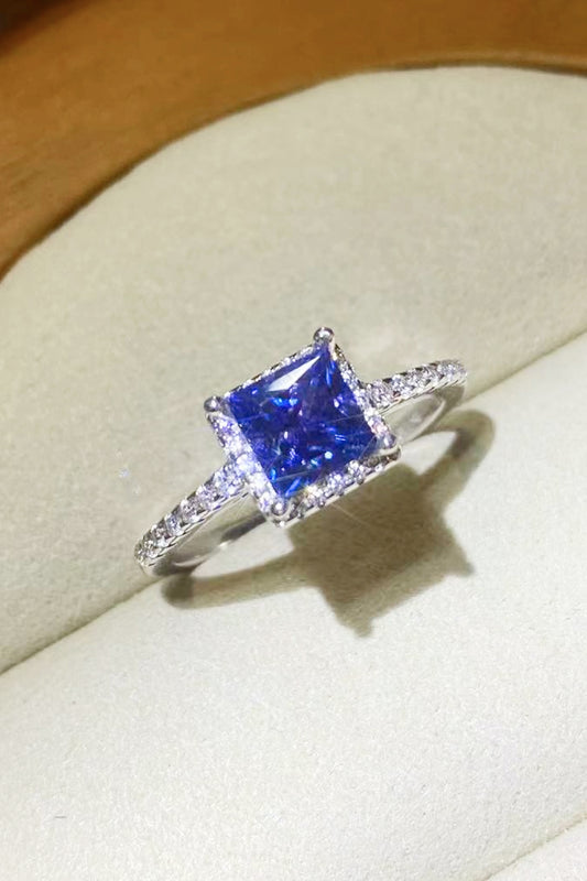 1 Carat Blue Princess-Cut Moissanite Platinum Over Pure Sterling Silver Square Ring - Sparkala