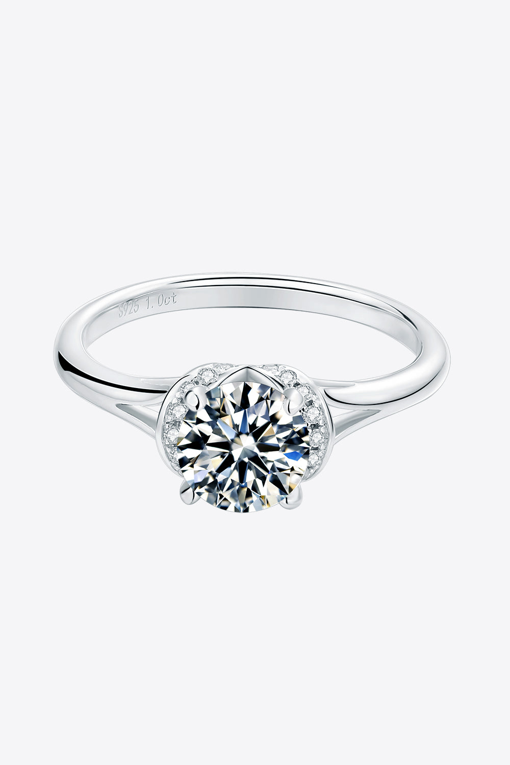 1 Carat Round Brilliant Cut Moissanite Platinum Over Pure Sterling Silver Split Shank Ring - Sparkala