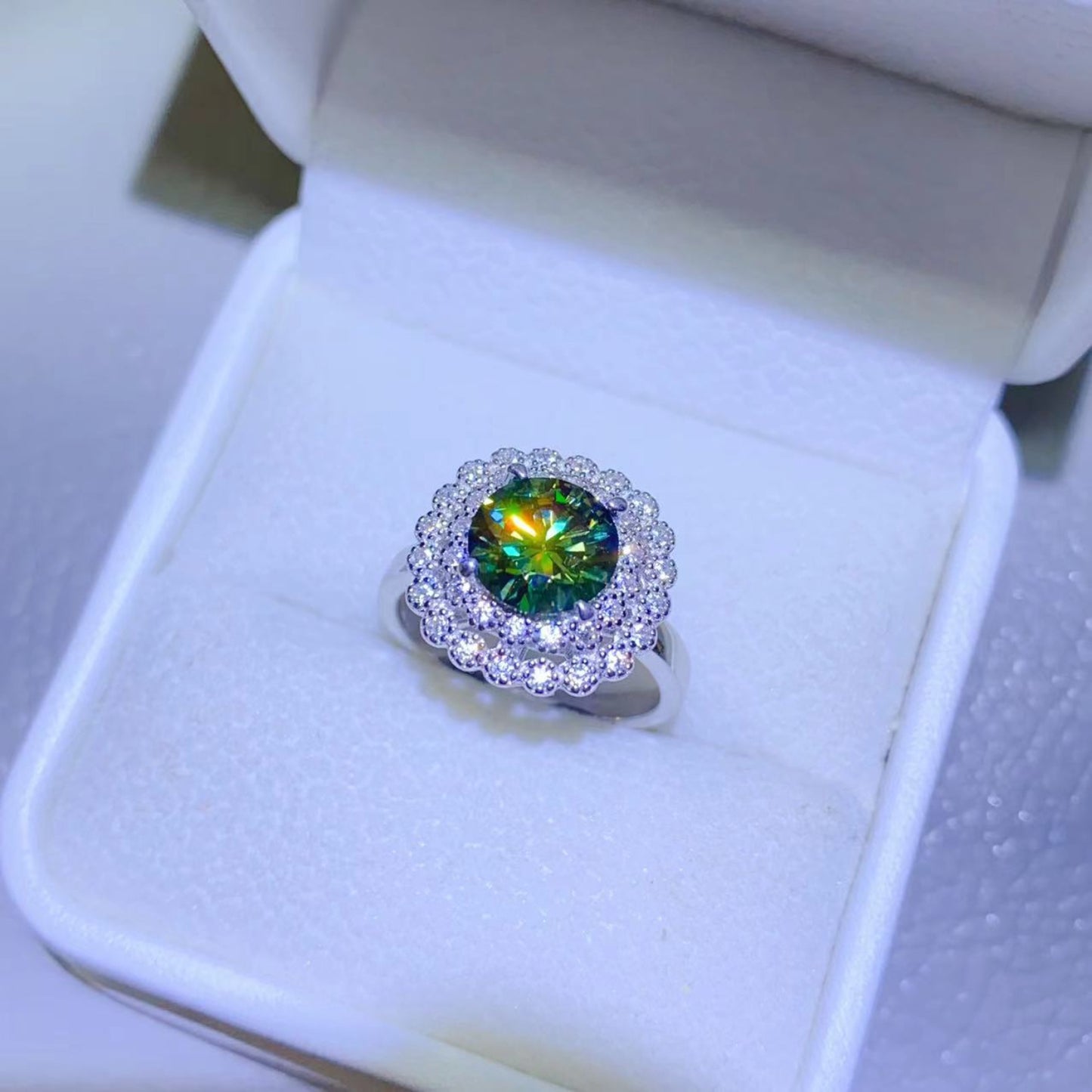 2 Carat Green Round Green Round Brilliant Cut Moissanite Pure Sterling Silver Halo Ring - Sparkala