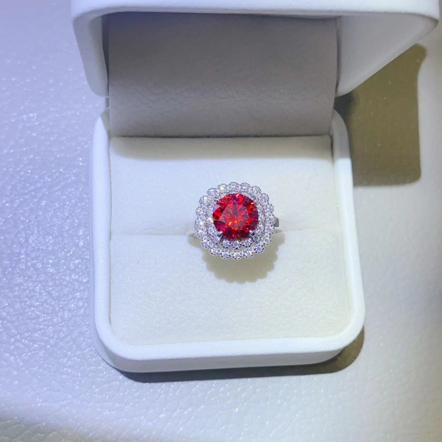 2 Carat Red Red Round Brilliant Cut Moissanite Pure Sterling Silver Halo Ring - Sparkala