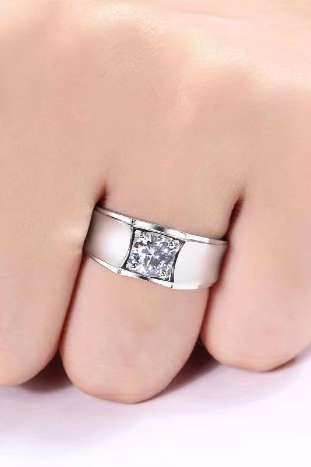 1 Carat Round Brilliant Cut Moissanite Wide Band Ring (Platinum Over Pure Sterling Silver) - Sparkala