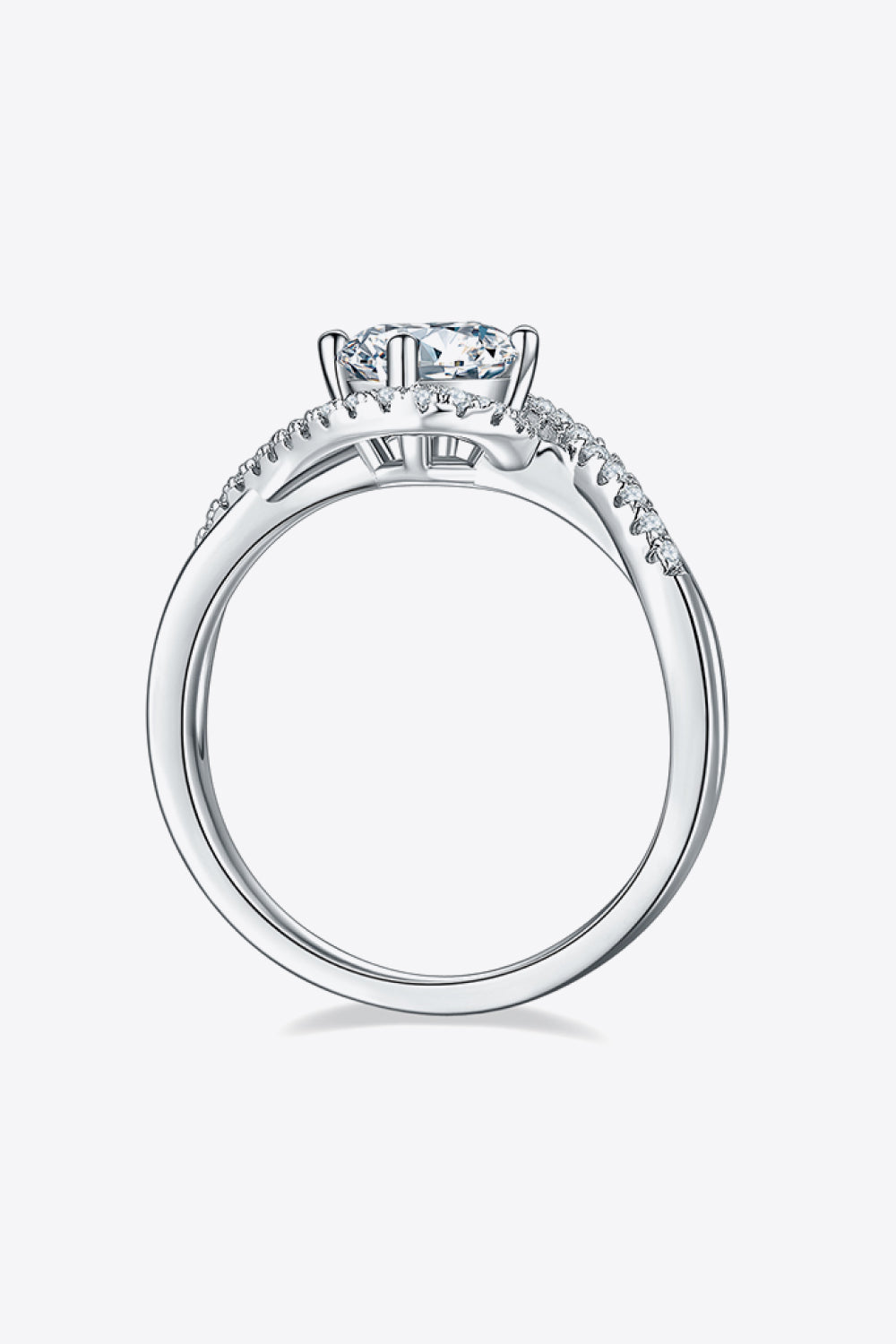 Adored 1 Carat Brilliant Round Cut Sparkala™ Moissanite Platinum Over Pure Sterling Silver Crisscross Ring