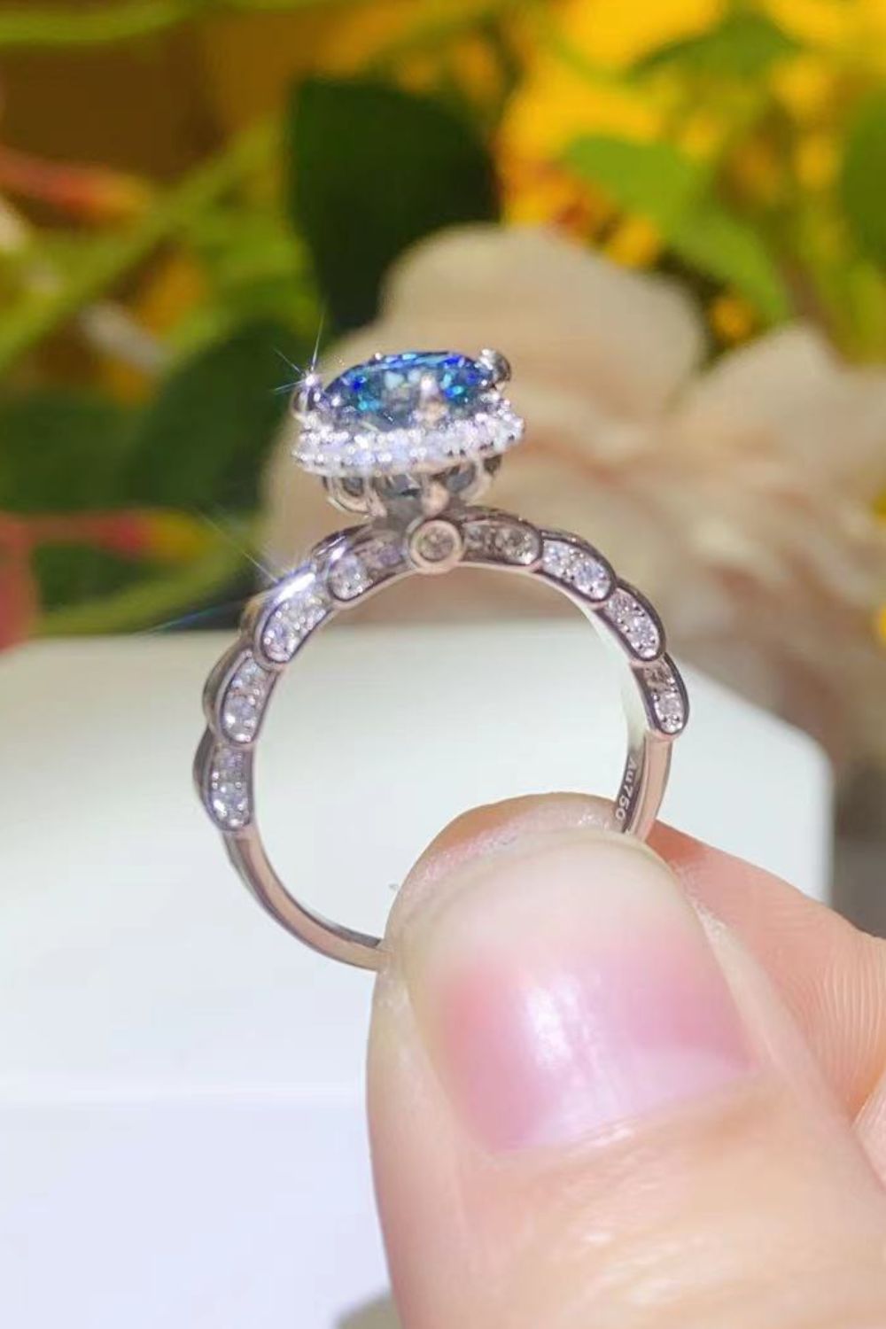 Platinum Over Pure Sterling Silver 1 Carat Blue Brilliant Round Cut Moissanite Cluster Ring