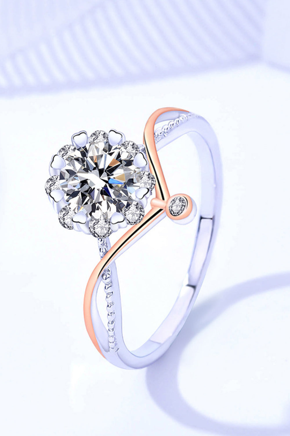 Sparkala™ Moissanite and Zircon Contrast Crisscross Ring (18k Rose Gold and Platinum Over Pure Sterling Silver)