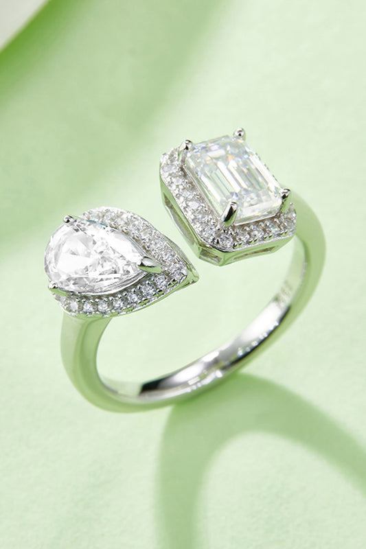1 Carat Pear-Cut Emerald-Cut Moissanite Platinum Over Pure Sterling Silver Open Ring - Sparkala