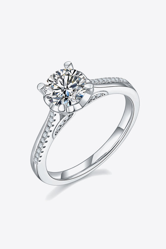 Adored 1 Carat Brilliant Round Cut Moissanite Platinum Over Pure Sterling Silver Side Stone Ring