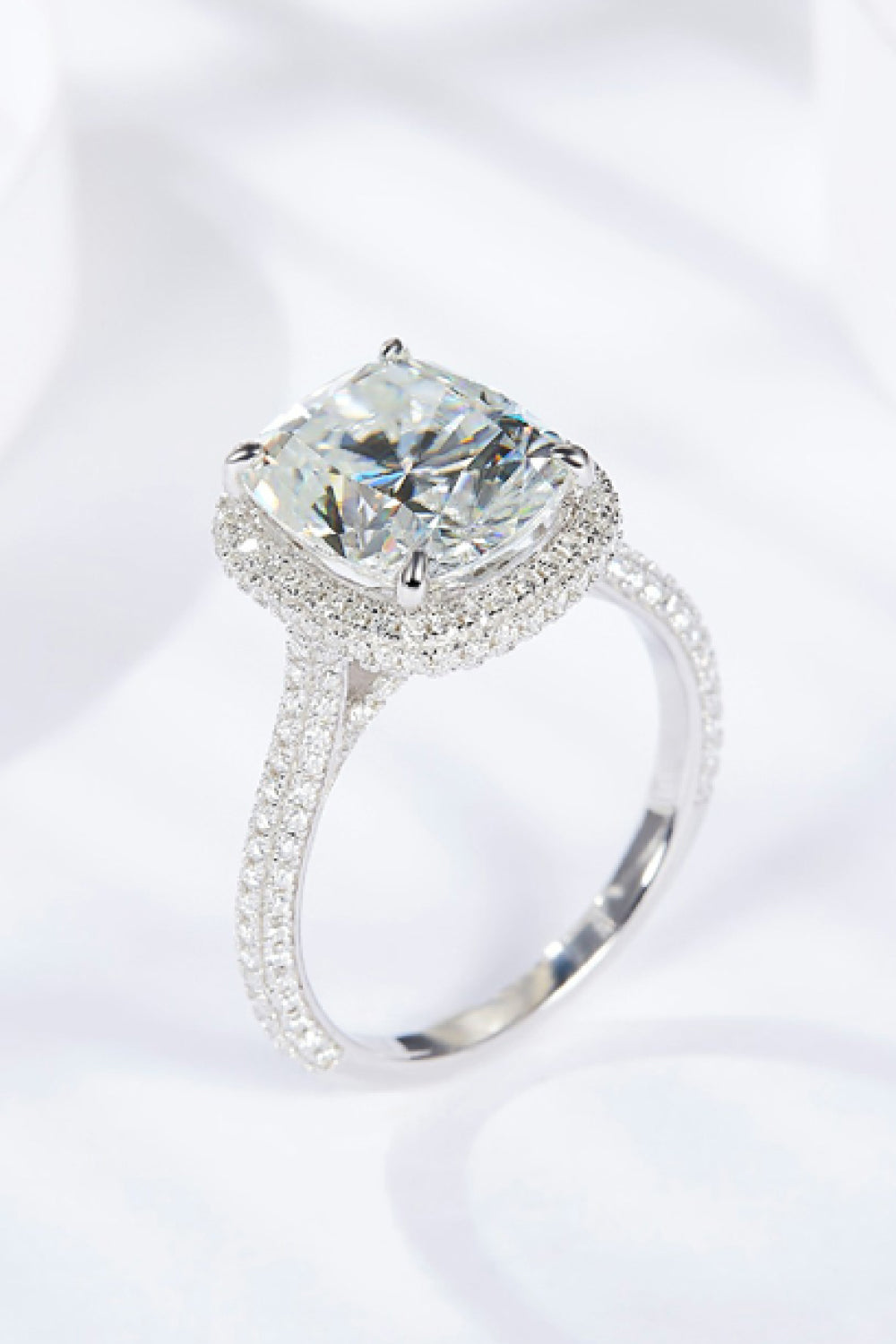 6 Carat Cushion-Cut Moissanite Halo Ring (Platinum Over Pure Sterling Silver)