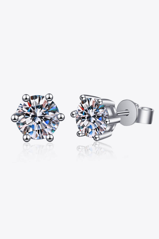 Rhodium-Plated Pure Sterling Silver 6-Prong 2 Carat Moissanite Stud Earrings