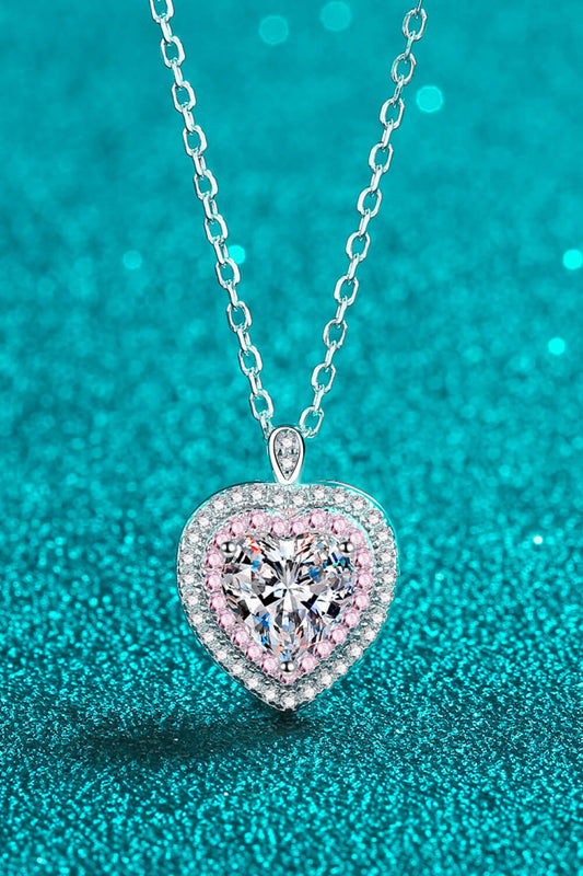 Rhodium-Plated Pure Sterling Silver 1 Carat Moissanite Heart Pendant Necklace