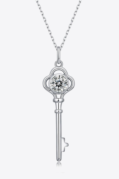 925 Sterling Silver 1 Carat Sparkala™ Moissanite Key Pendant Necklace (Platinum-Plated Fine Silver)