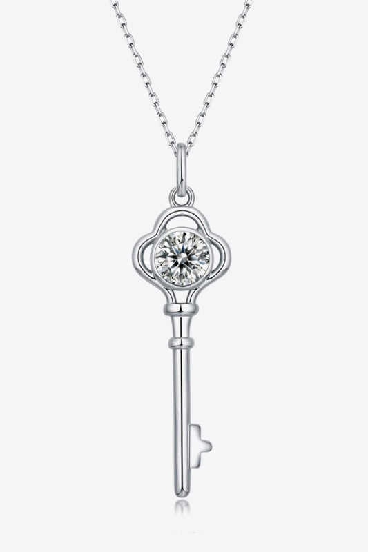 925 Sterling Silver 1 Carat Moissanite Key Pendant Necklace (Platinum-Plated Fine Silver)