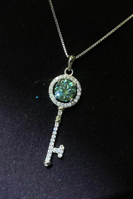 1 Carat Moissanite Key Pendant Necklace (Platinum-Plated Fine Silver) - Sparkala
