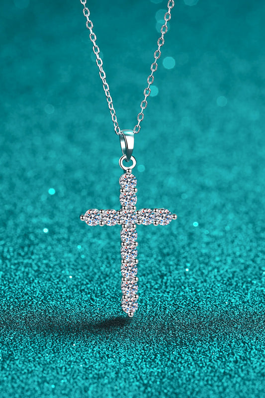 Adored Rhodium-Plated Pure Sterling Silver Cross Moissanite Necklace