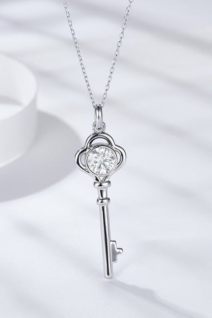 925 Sterling Silver 1 Carat Sparkala™ Moissanite Key Pendant Necklace (Platinum-Plated Fine Silver)