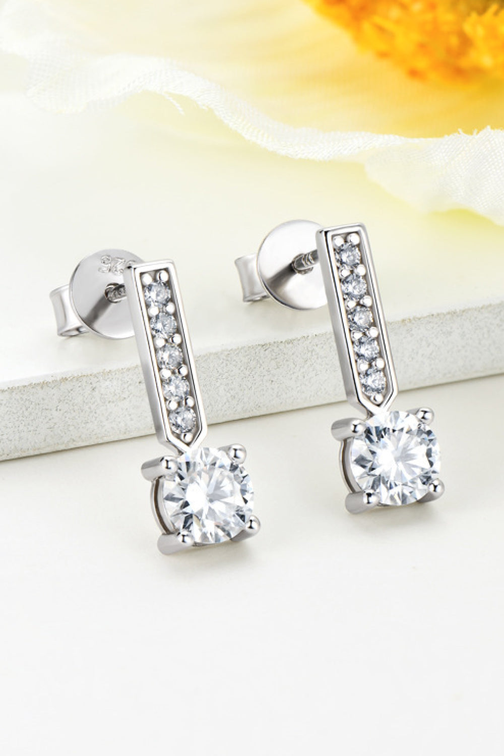 Moissanite and Zircon 925 Sterling Silver Drop Earrings (Platinum-Plated Fine Silver)