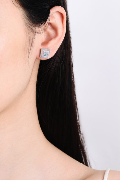 Moissanite Square Stud Earrings (Platinum-Plated Fine Silver)