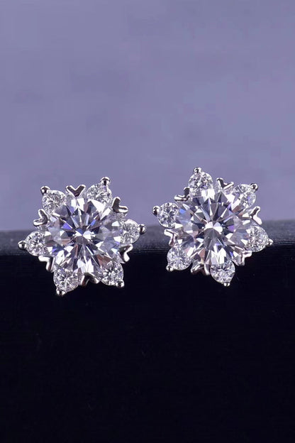 2 Carat Moissanite Floral Stud Earrings (Platinum-Plated Fine Silver) - Sparkala