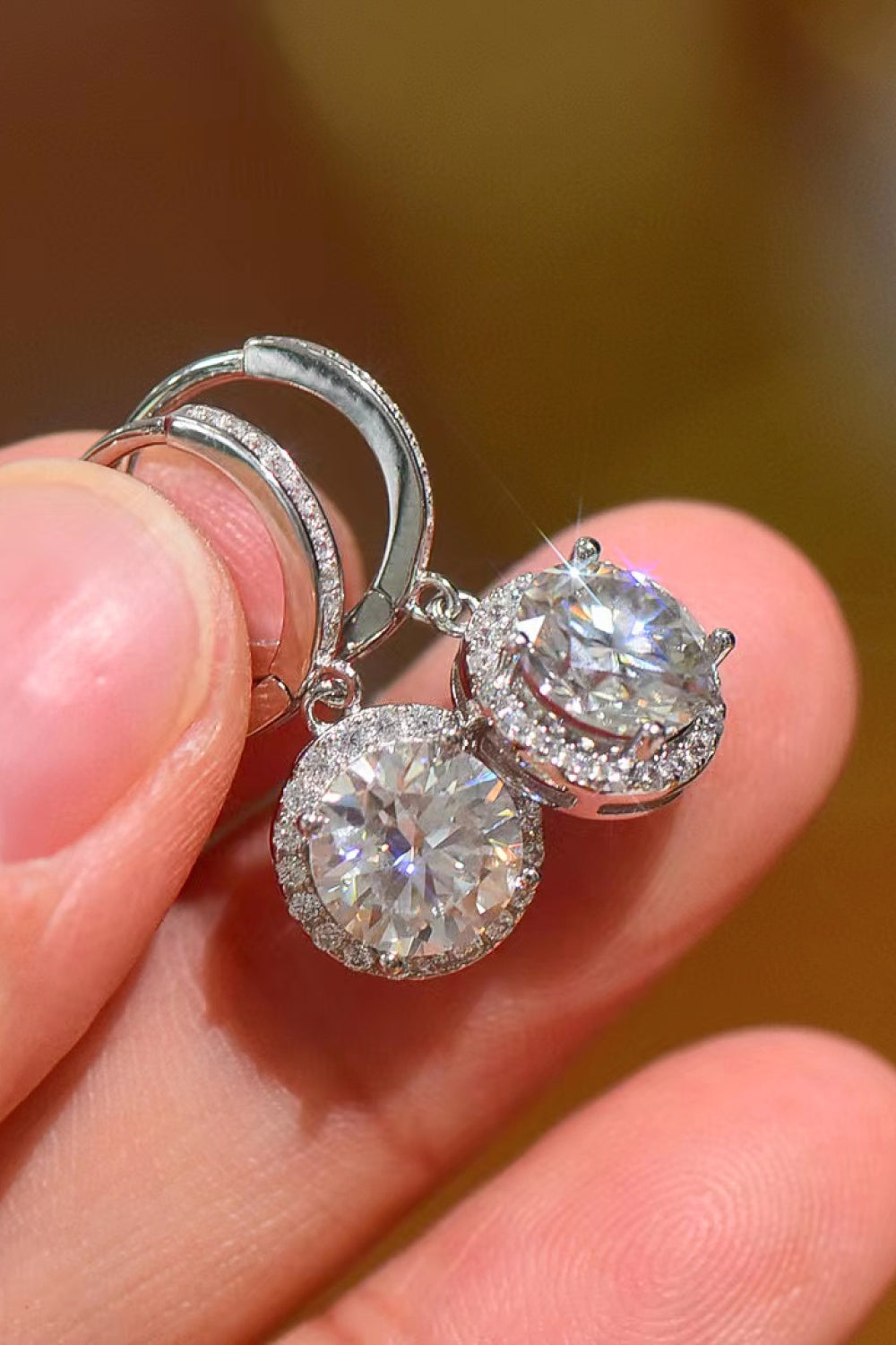 2 Carat Moissanite Round Drop Earrings (Platinum-Plated Fine Silver) - Sparkala