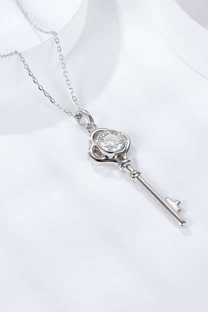 925 Sterling Silver 1 Carat Sparkala™ Moissanite Key Pendant Necklace (Platinum-Plated Fine Silver)